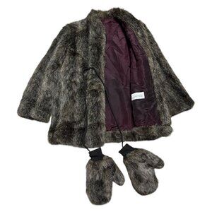 VINTAGE 90s Faux Fur Designer Winter Parka Coat With Matching Mittens Medium
